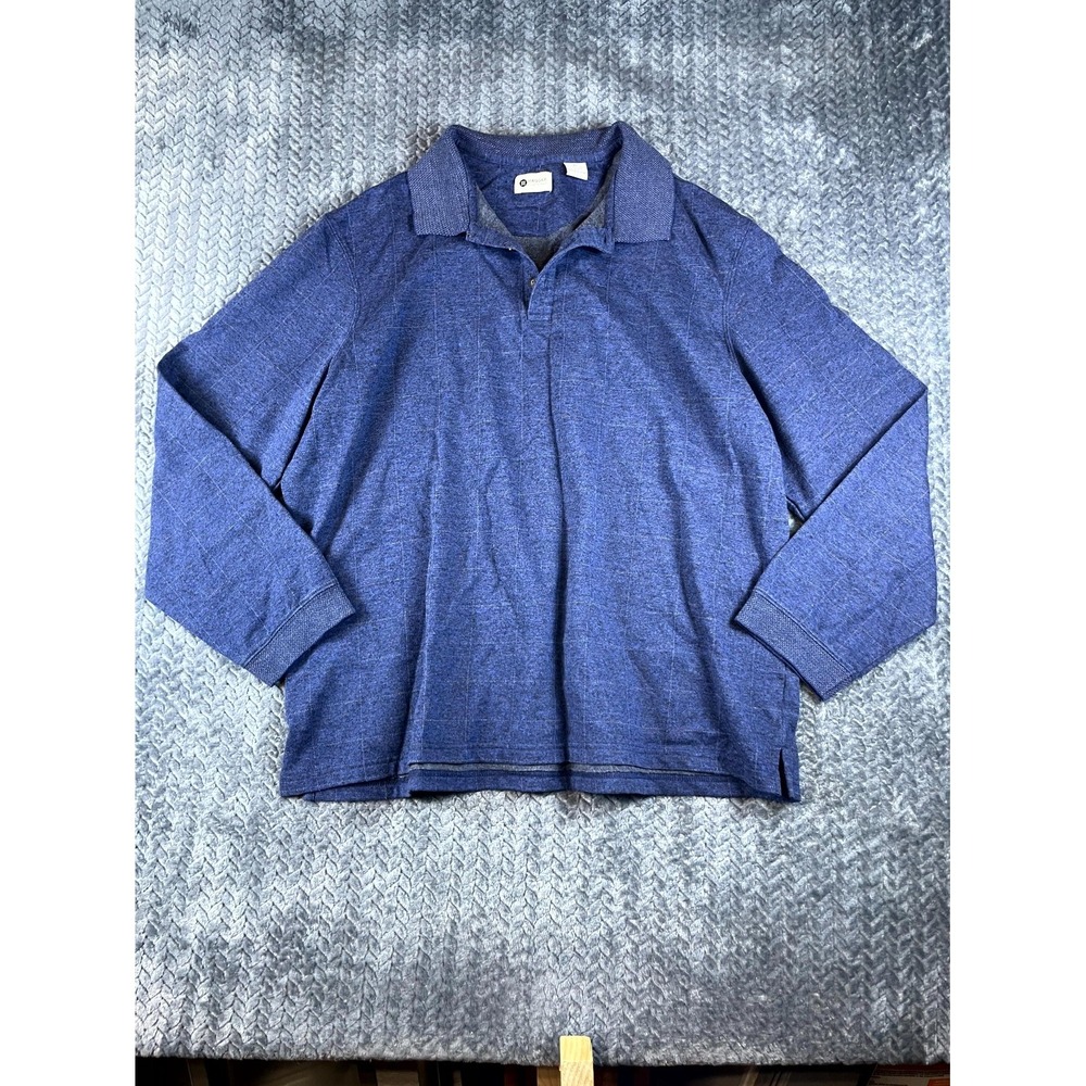 Haggar Polo Shirt Mens XL Blue Windowpane Print Side Slit Long Sleeve Casual